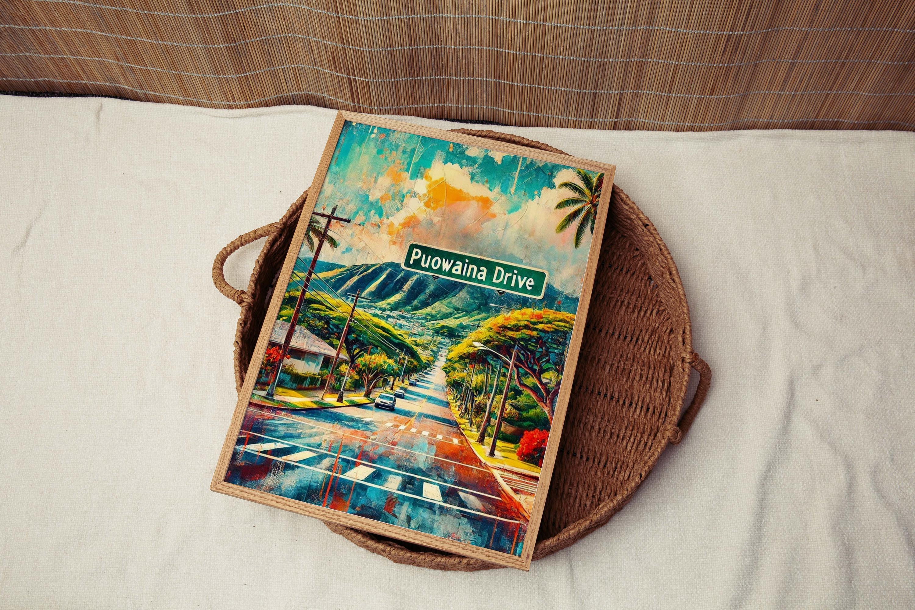 Puowaina Drive Print - Oahu Travel Poster, Hawaii Art, Honolulu Gift, Puowaina Drive Wall Art, Housewarming Gift, Tropical Home Decor