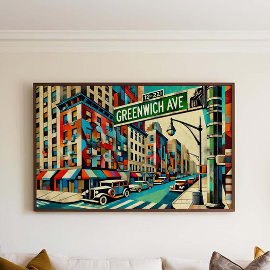 Greenwich Cubism Wall Art Print – Greenwich Avenue Travel Poster, Connecticut Gift & Souvenir Modern Decor