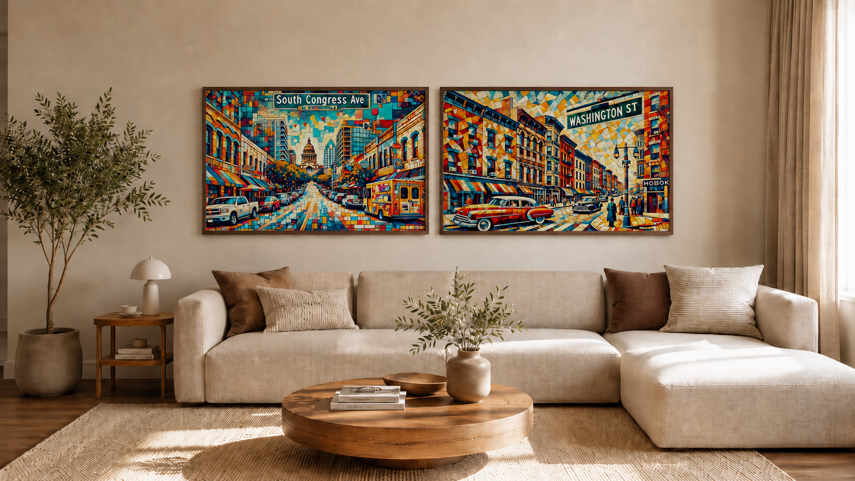 Framed city print above the couch