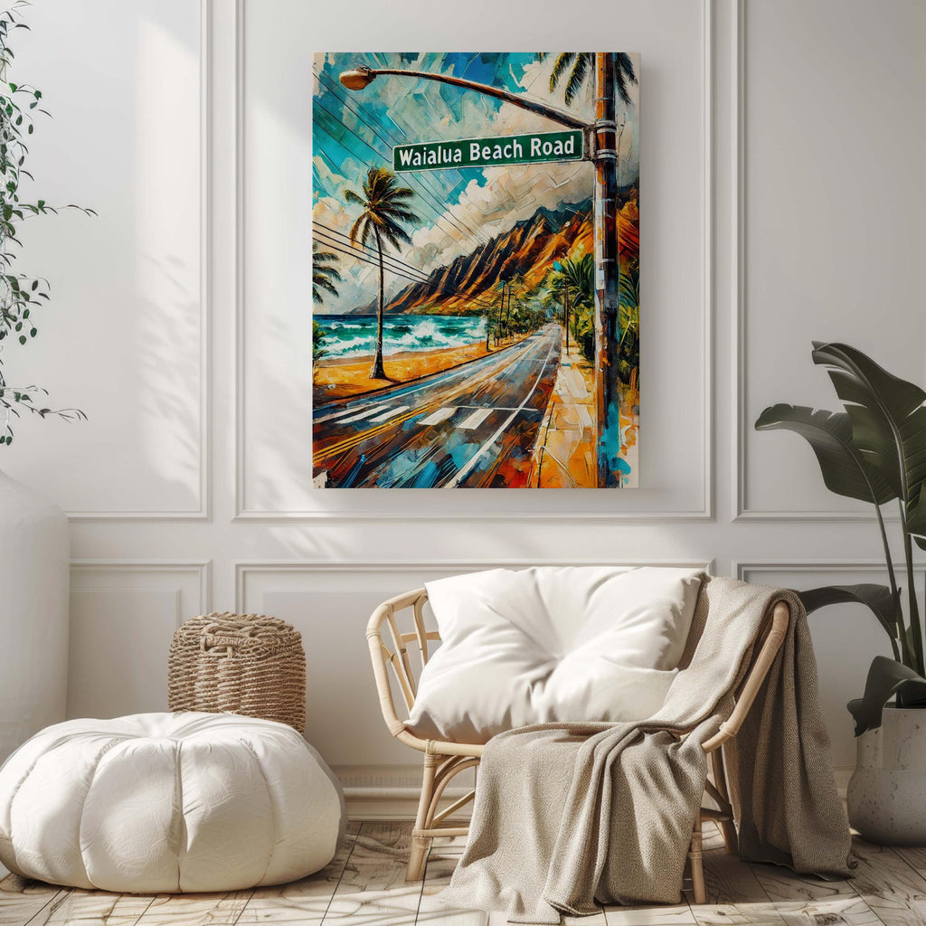 Waialua Beach Road Wall Art Print - Hawaii Travel Poster, Honolulu Gift, Housewarming Decor, Tropical Beach Road Illustration, Waialua Art