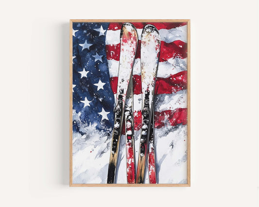 USA Wall Art Skiing Poster Patriotic American Independence Home Decor Winter Sports Print