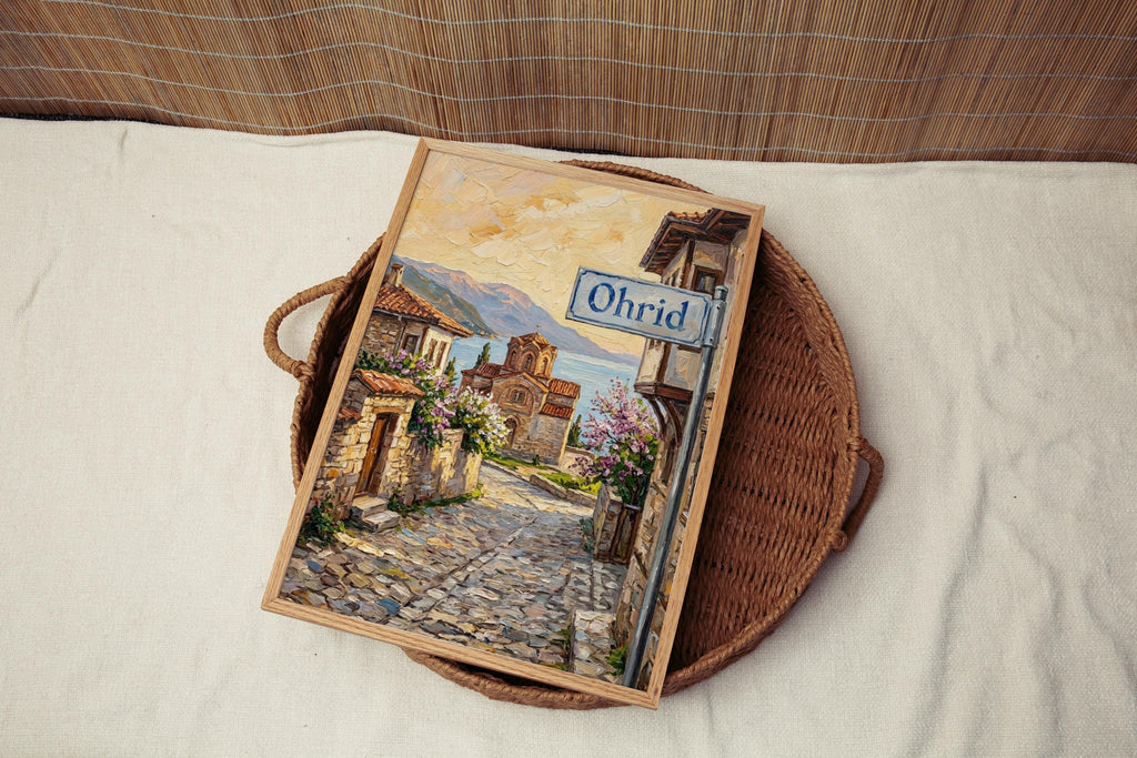 Ohrid Oil Painting Art Print: North Macedonia Lakeside Street Sign Travel Poster
