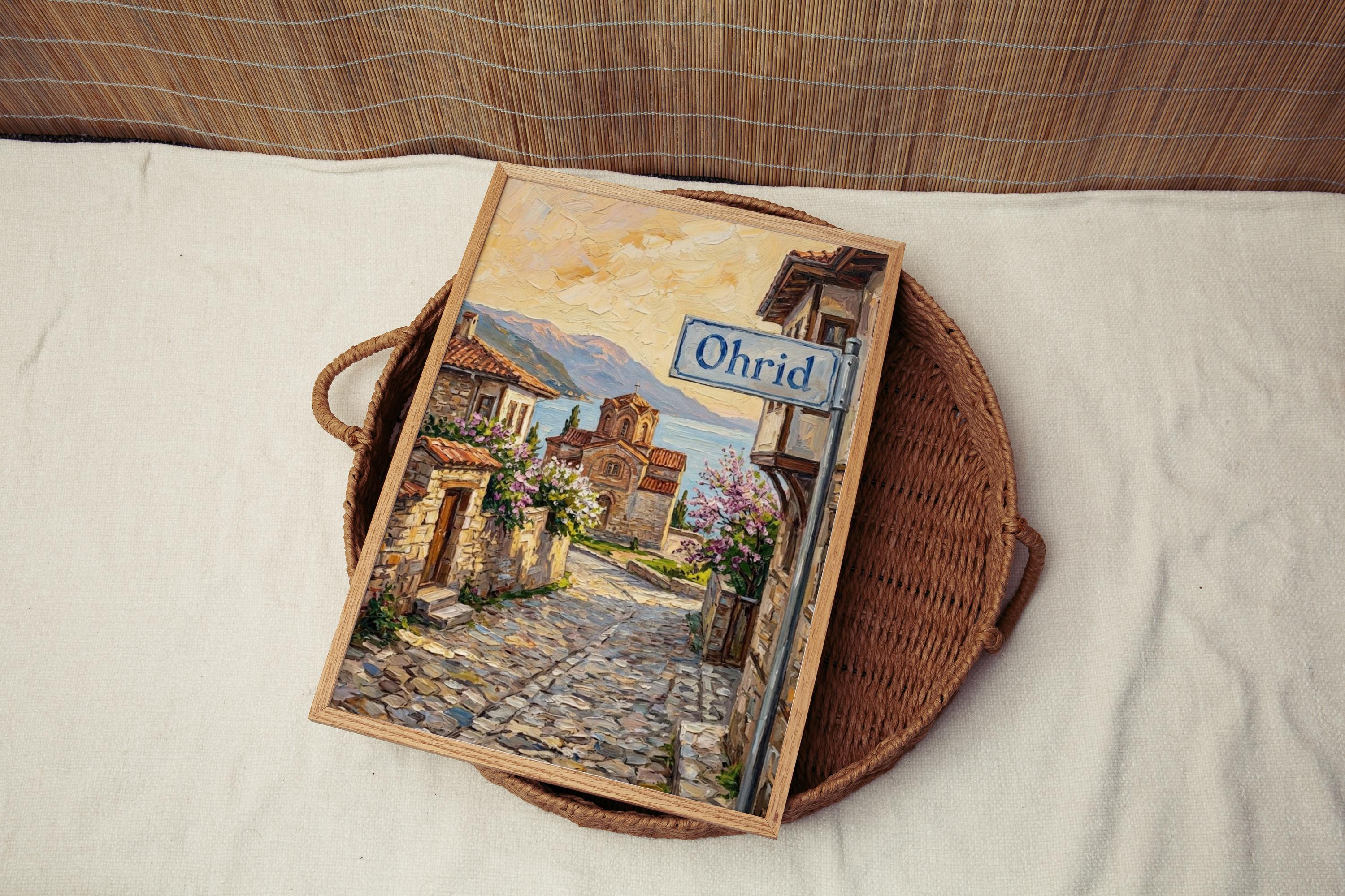 Ohrid Oil Painting Art Print: North Macedonia Lakeside Street Sign Travel Poster
