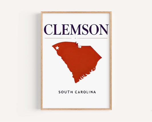 Clemson Print Wall Art - South Carolina Travel Home Decor, College Gift, Housewarming & SC Tigers Room Decoration