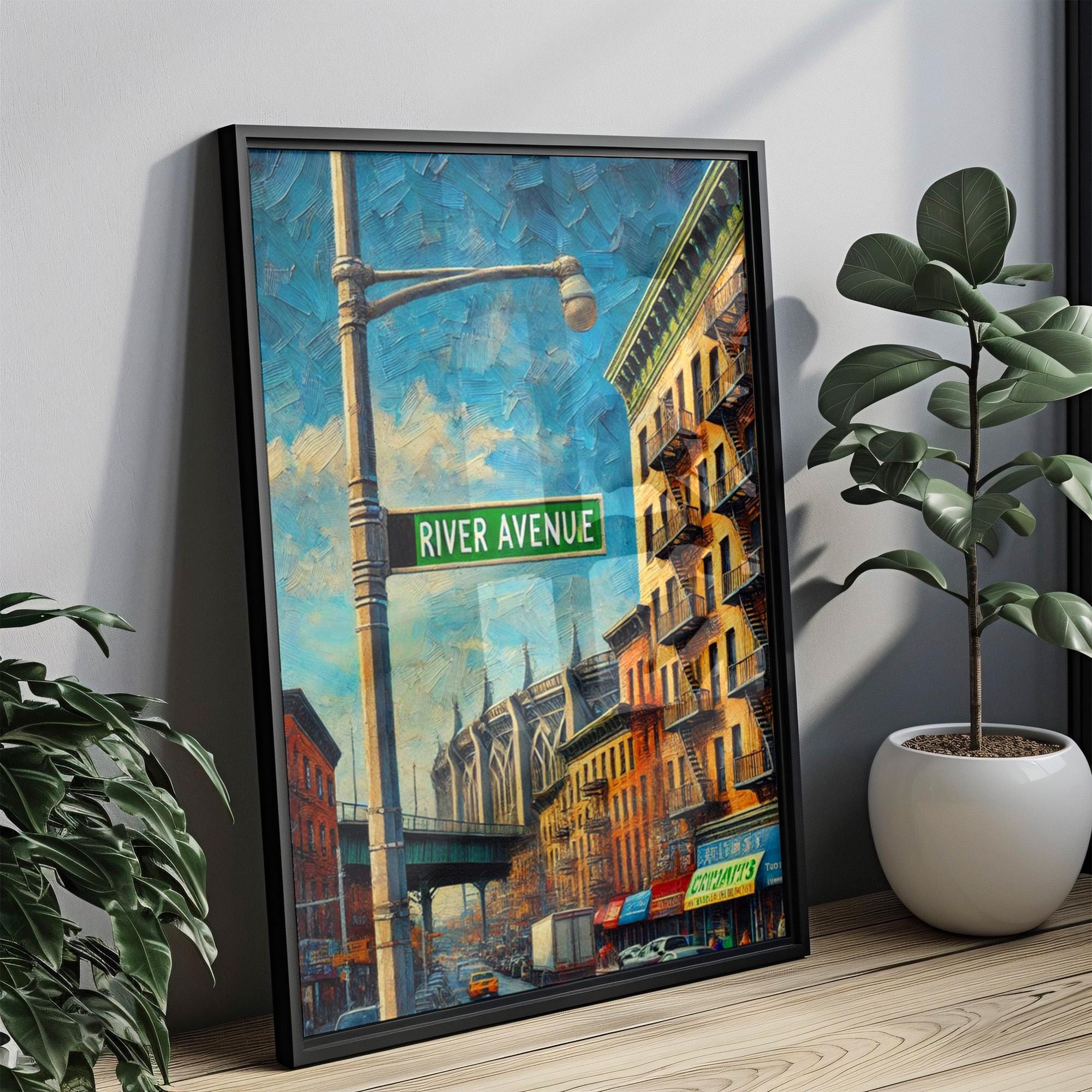 River Avenue Oil Painting Art Print: Bronx NYC Street Sign Travel Poster