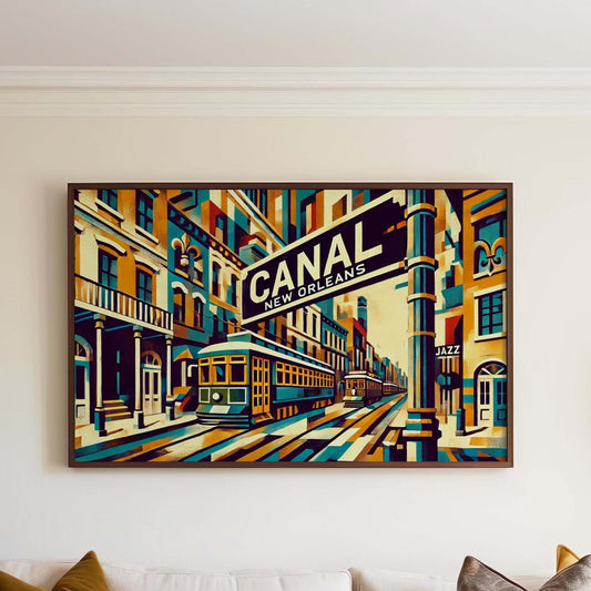 Cubism Print Canal St Wall Art, Louisiana Cubism Travel Poster, New Orleans Gift, Housewarming Decor, Modern Abstract Cityscape Artwork