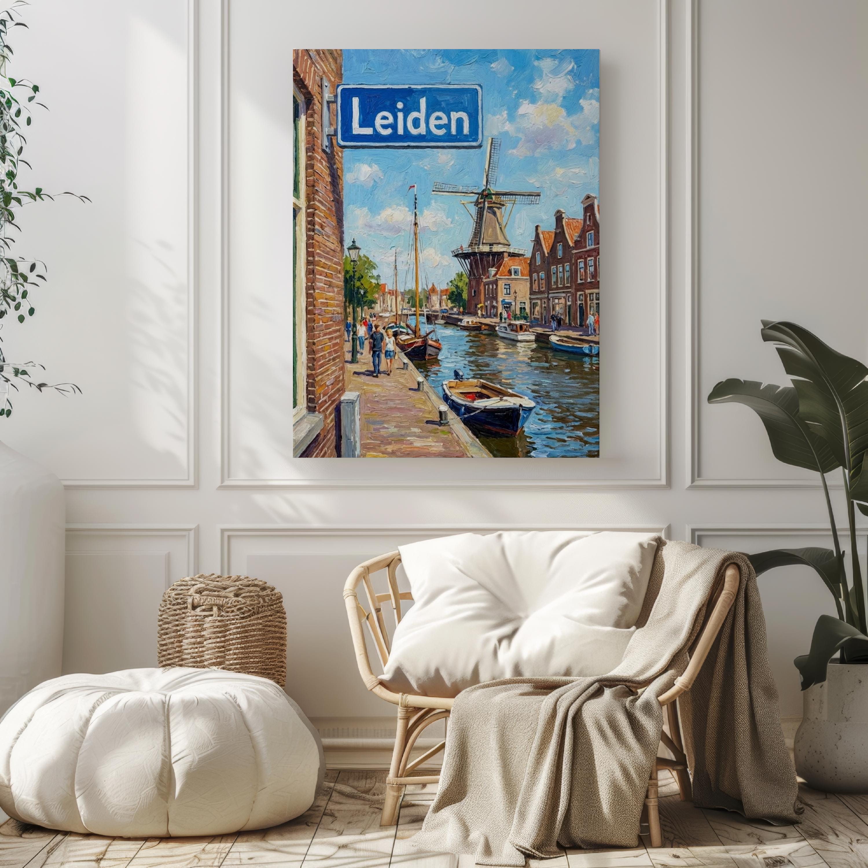 Leiden Oil Painting Art Print: Netherlands Canal Street Sign Travel Poster