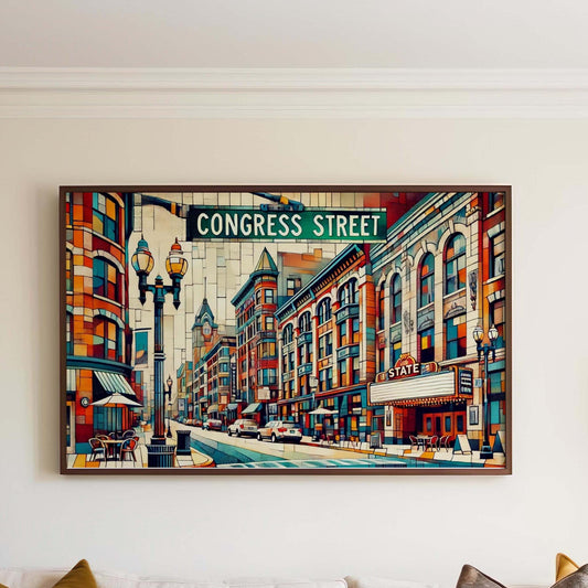 Congress Street Wall Art Print - Portland Maine Travel Poster, Housewarming Gift, Coastal Home Decor, Maine Art Illustration