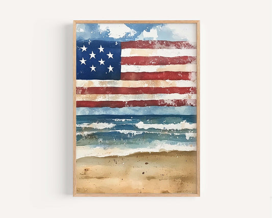 USA Beach Wall Art Patriotic Poster for Beach House Home Decor Summer United States Artwork
