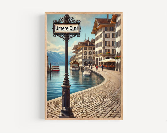 Untere Quai Wall Art Print - Thun Switzerland Travel Poster, Souvenir & Housewarming Gift, Swiss Lakeside Home Decor