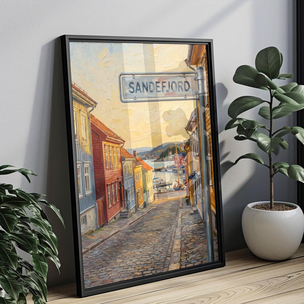 Sandefjord Oil Painting Art Print: Norway Coastal Street Sign Travel Poster