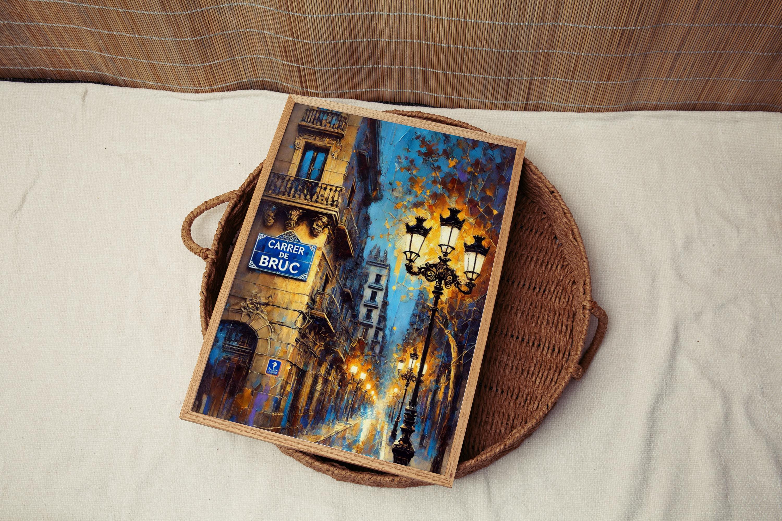 Carrer de Bruc Oil Painting Art Print: Barcelona Spain Street Sign Travel Poster