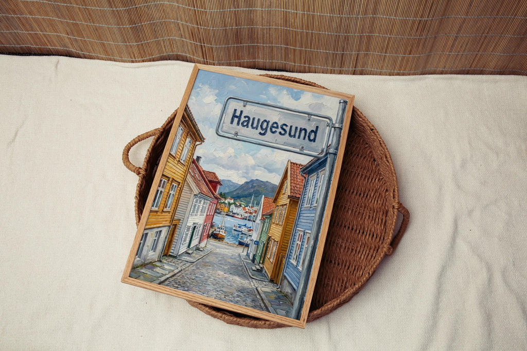 Haugesund Oil Painting Art Print: Norway Coastal Street Sign Travel Poster