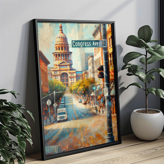 Texas Congress Ave Wall Art Print - Austin Travel Poster, Texas Gift, Housewarming Decor, Modern Texas Artwork for Home or Office