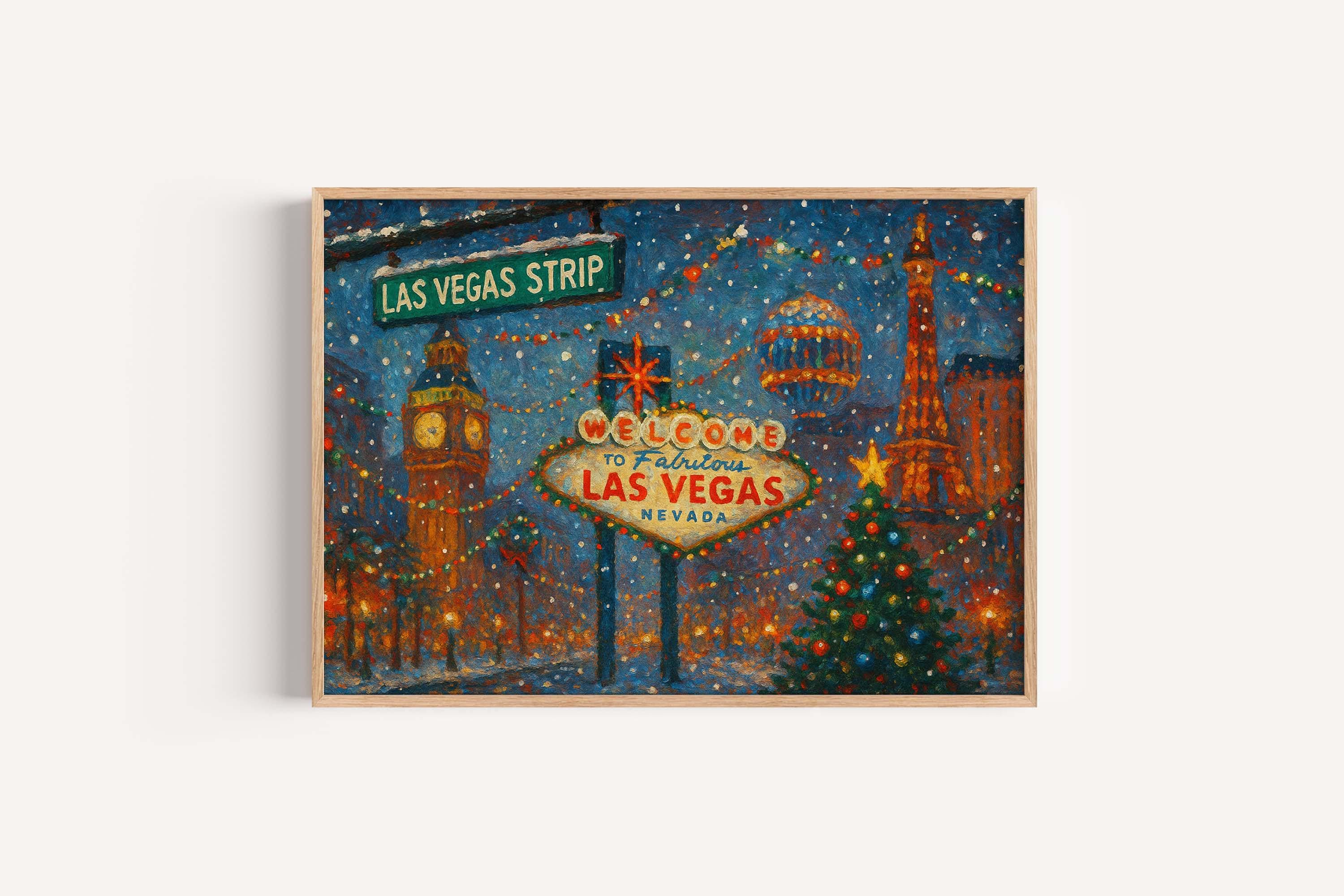 Las Vegas Christmas Art Print – Holiday City Lights Wall Decor, Vegas Strip Winter Scene