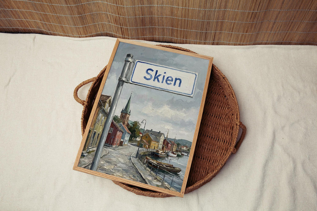 Skien Oil Painting Art Print: Norway Riverside Street Sign Travel Poster
