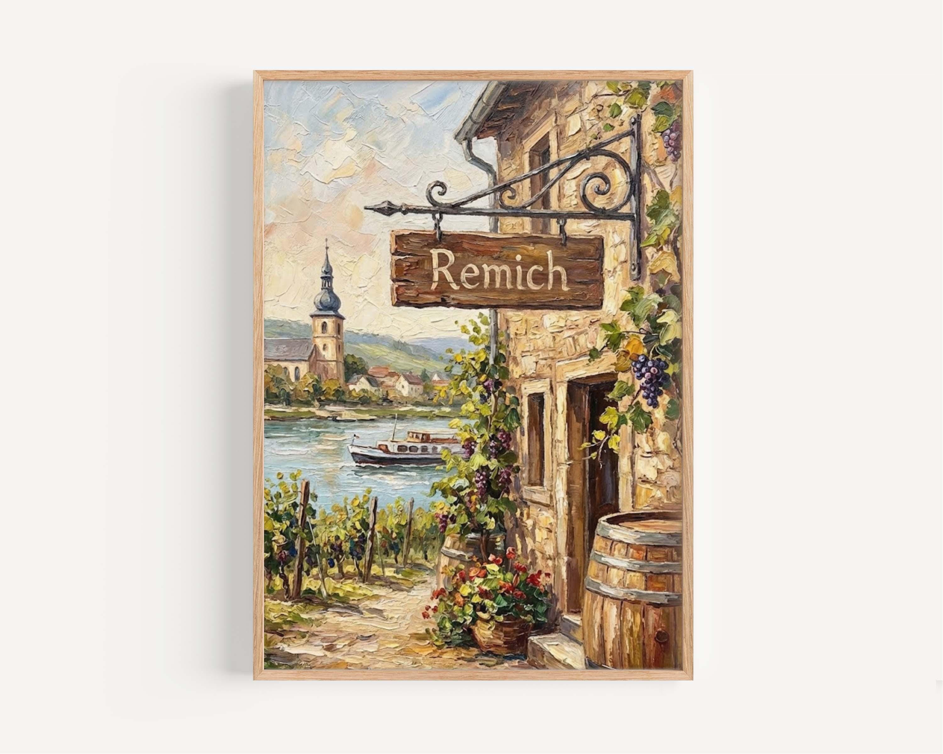 Remich Oil Painting Art Print: Luxembourg Moselle River City Travel Poster