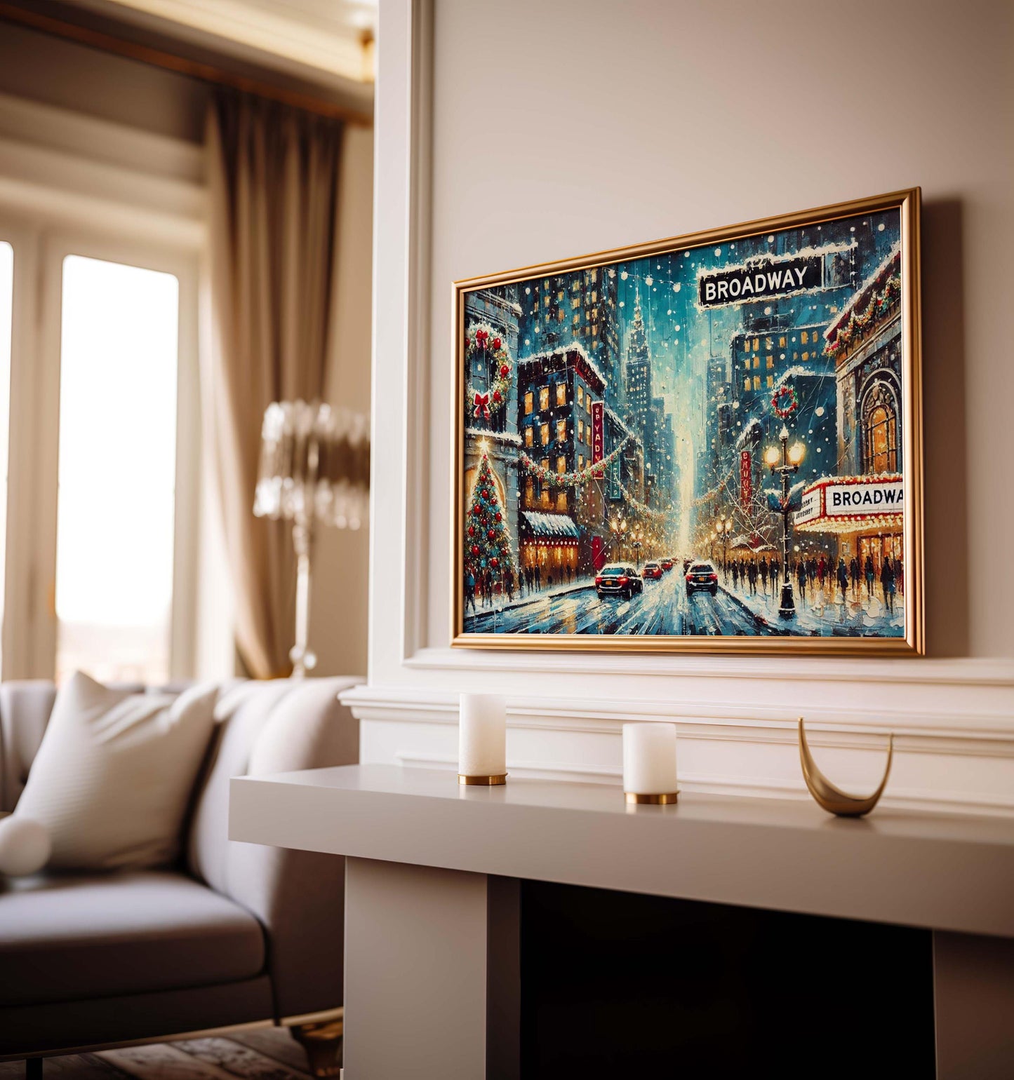 Broadway Christmas Street Scene Art Print – NYC Holiday Decor, Snowy Winter Wall Art