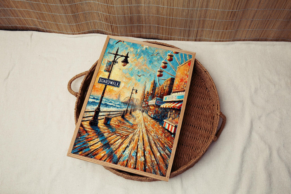 Boardwalk Oil Painting Art Print: Atlantic City Seaside Promenade Travel Poster