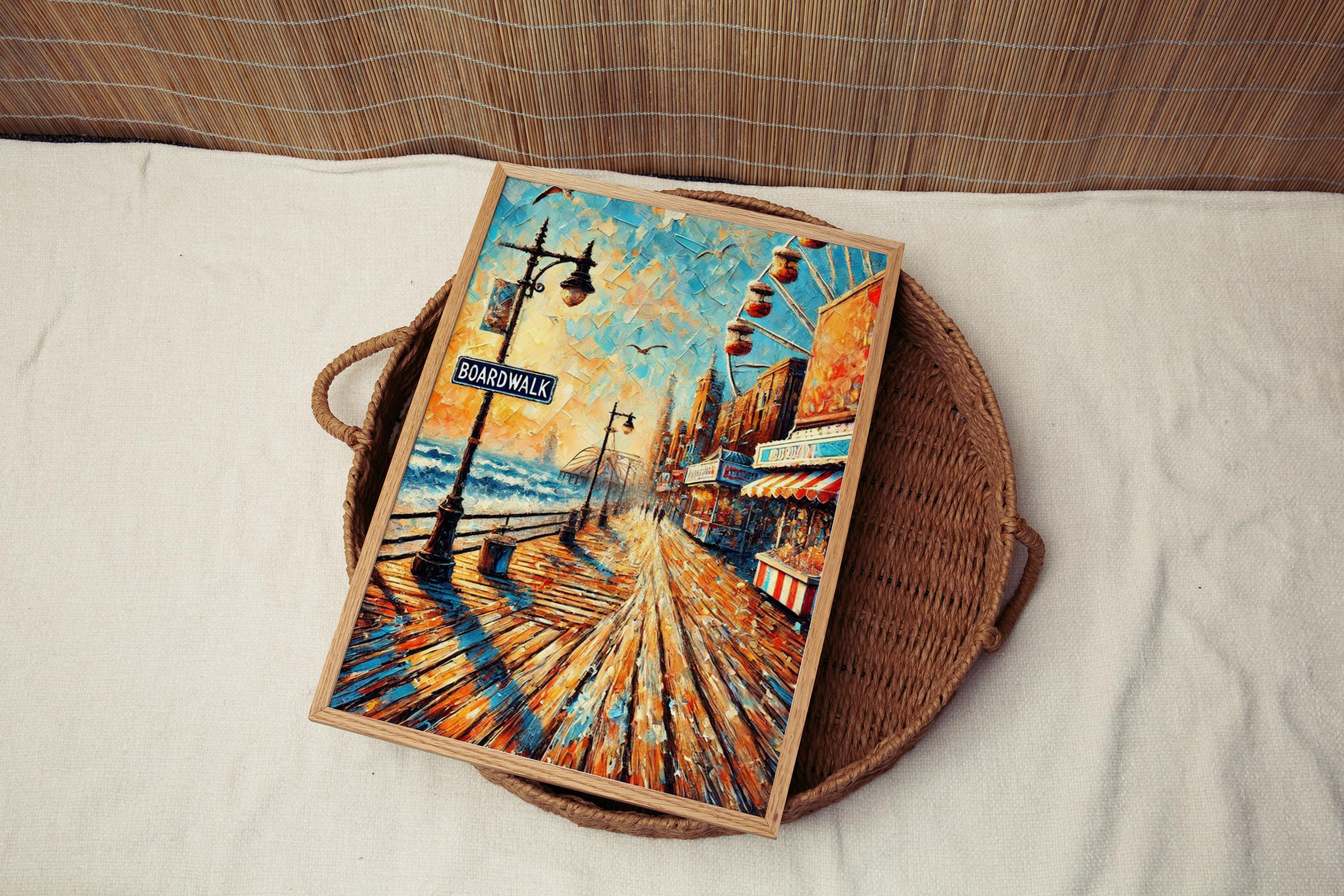 Boardwalk Oil Painting Art Print: Atlantic City Seaside Promenade Travel Poster