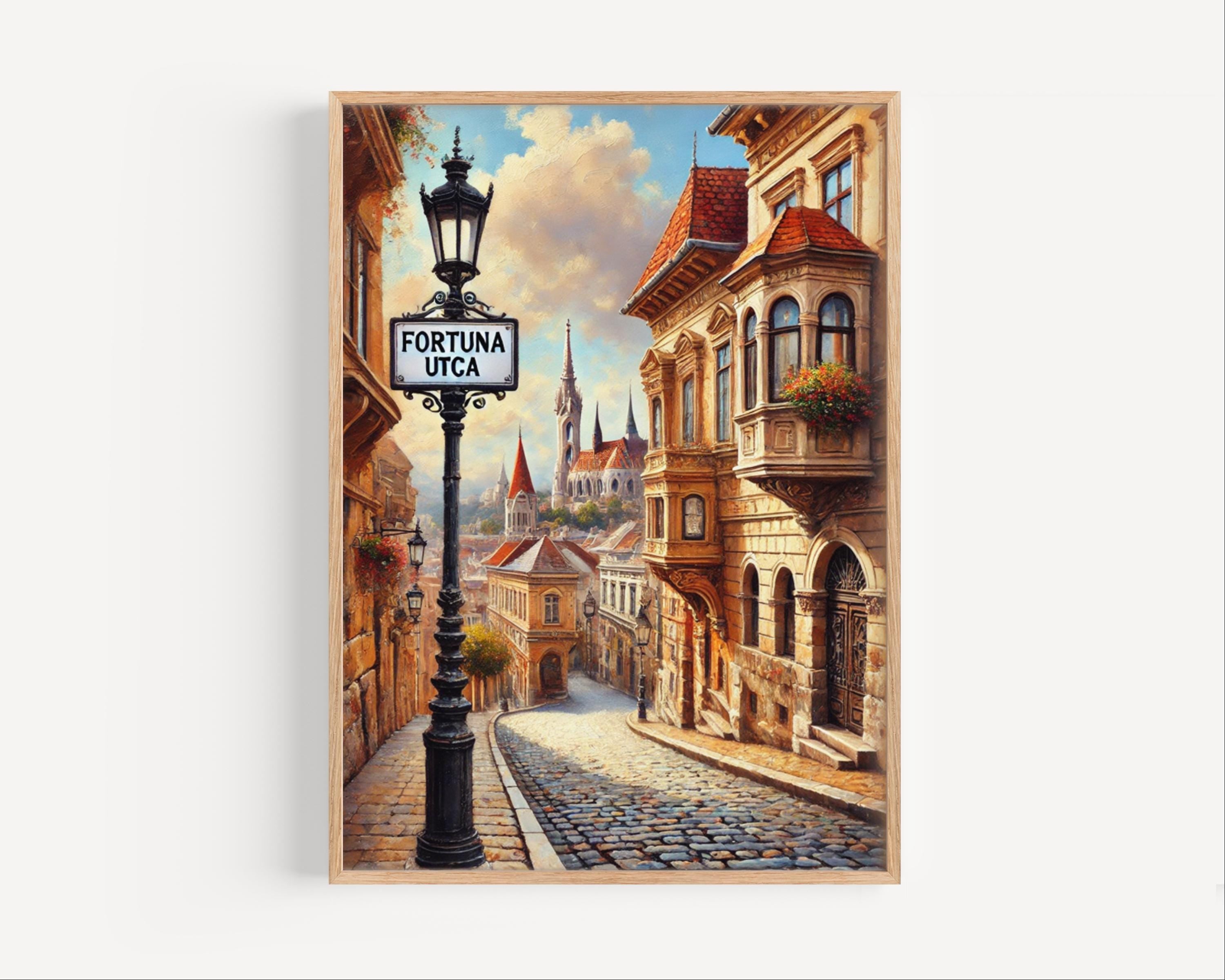 Fortuna Utca Oil Painting Art Print: Budapest Hungary Street Sign Travel Poster