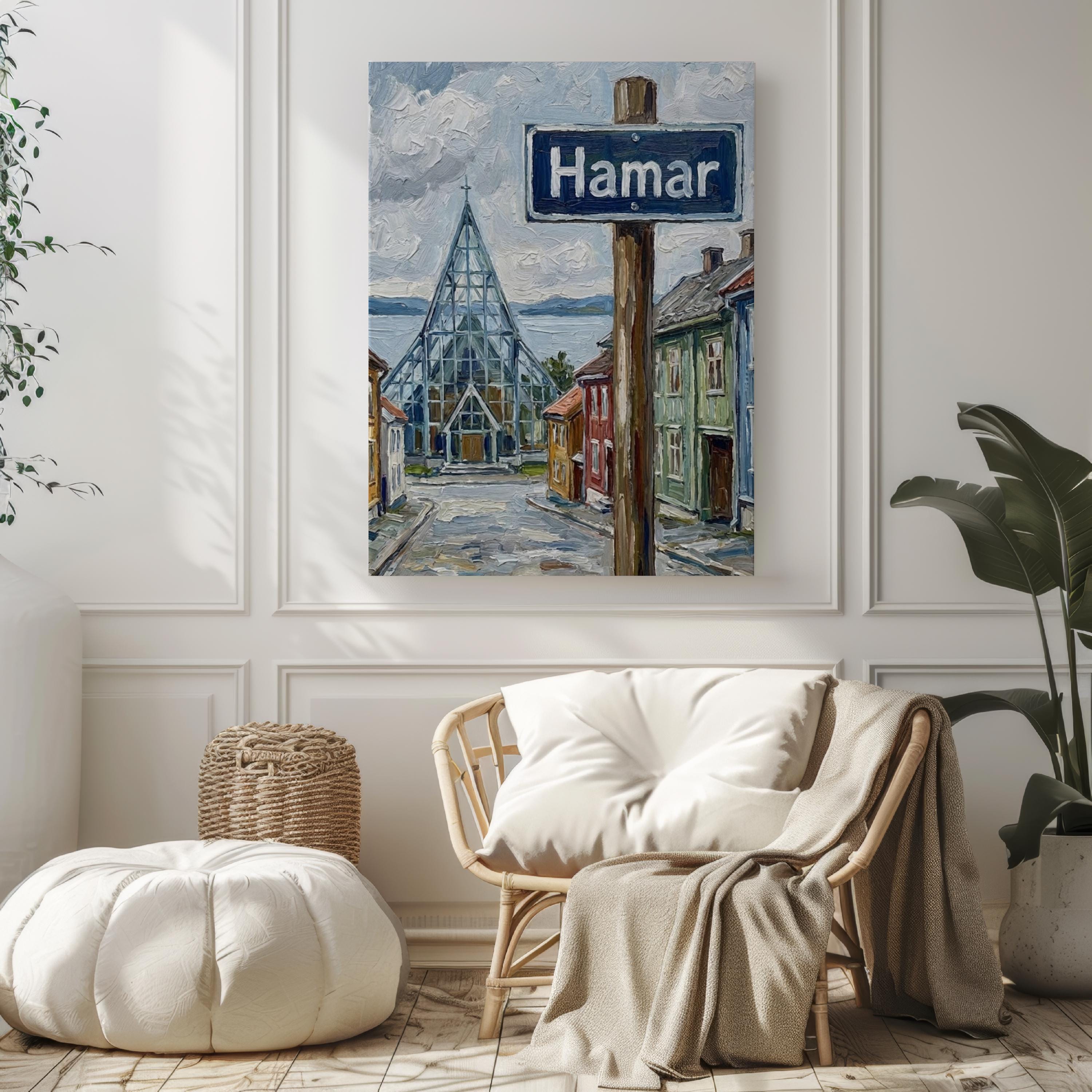 Hamar Oil Painting Art Print: Norway Lakeside Street Sign Travel Poster