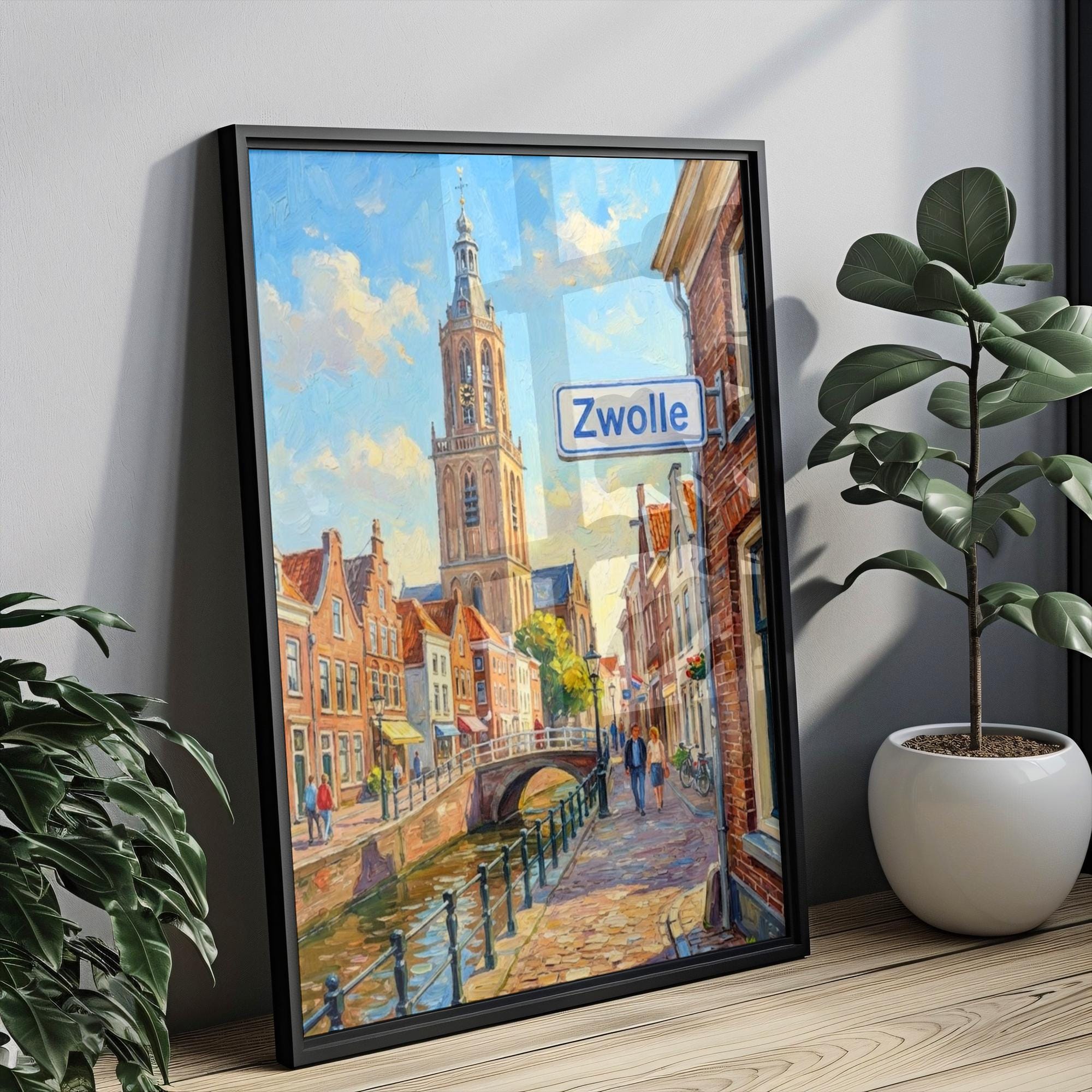 Zwolle Oil Painting Art Print: Netherlands Canal Street Sign Travel Poster