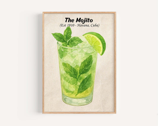 Mojito Cocktail Artwork, Watercolor Print of Havana Cuba Drink, Bar Wall Decor, Liquor Art, Summer Beverage Illustration, Gift for Cocktail