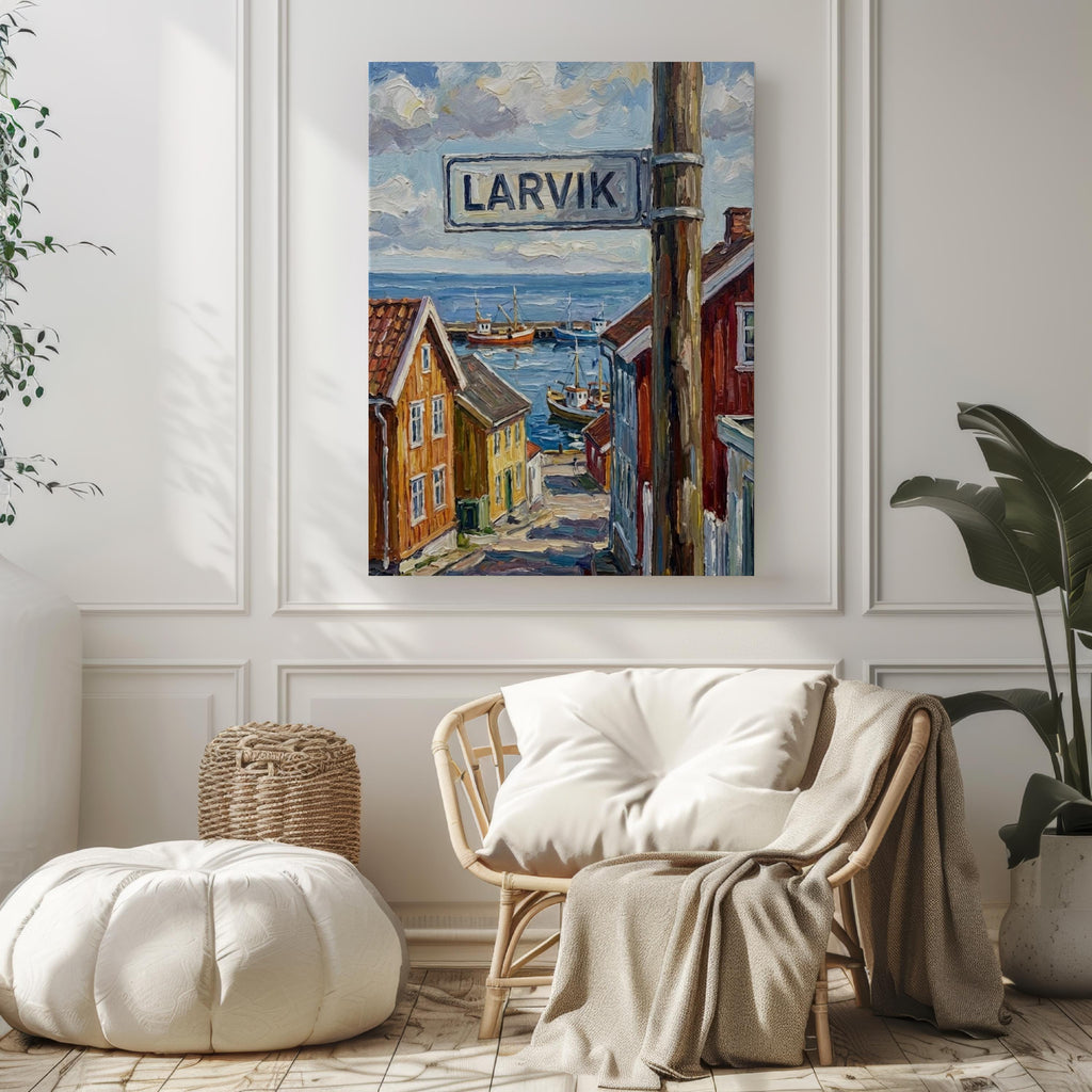 Larvik Oil Painting Art Print: Norway Coastal Street Sign Travel Poster