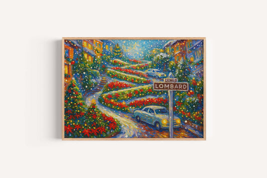 Lombard Street Christmas Art Print – San Francisco Holiday Decor, Curvy Street in Winter
