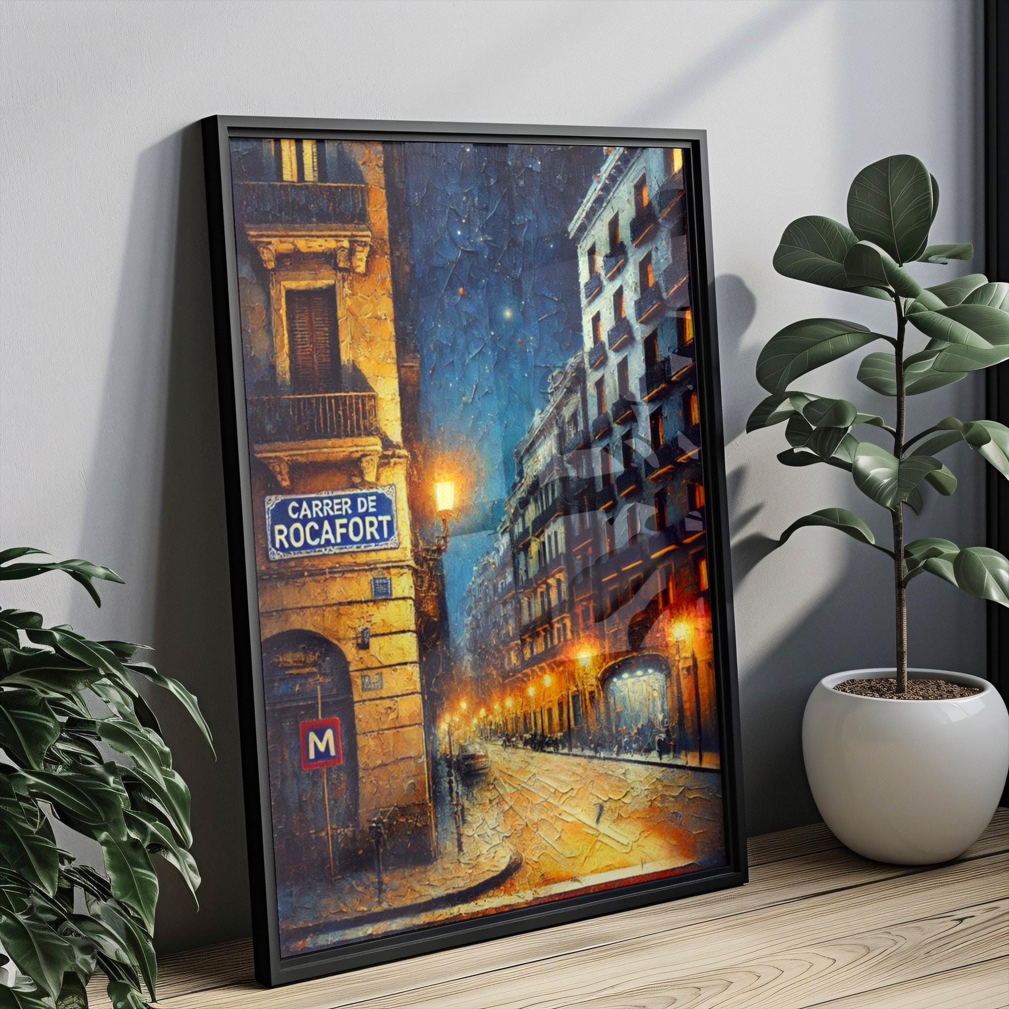 Carrer de Rocafort Oil Painting Art Print: Barcelona Spain Street Sign Travel Poster