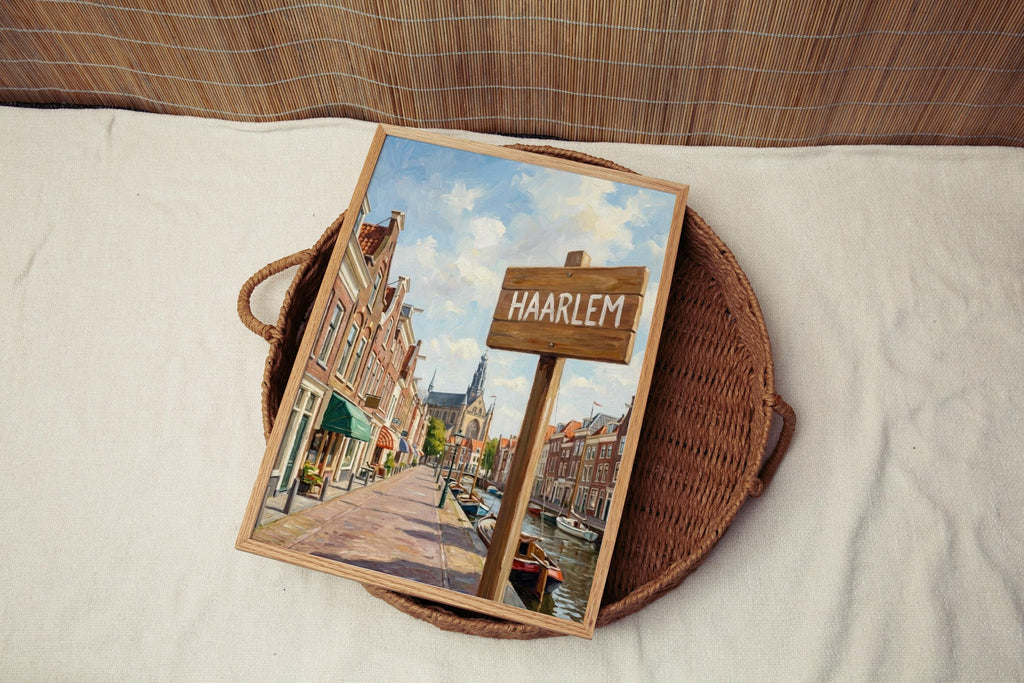 Haarlem Oil Painting Art Print: Netherlands Canal Street Sign Travel Poster