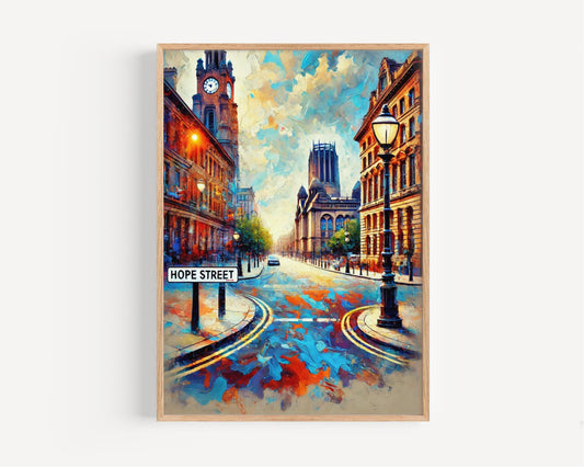 England Hope St Wall Art Liverpool Travel Print & Poster, Unique England Wall Decor, Housewarming Gift, Vintage UK Cityscape Illustration