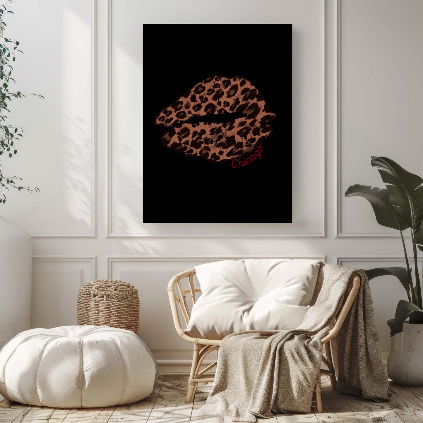 Chicago Lips Artwork | Dorm Wall Decor | Leopard Print Lips Illustration | Modern Art Print for Bedroom or Living Room