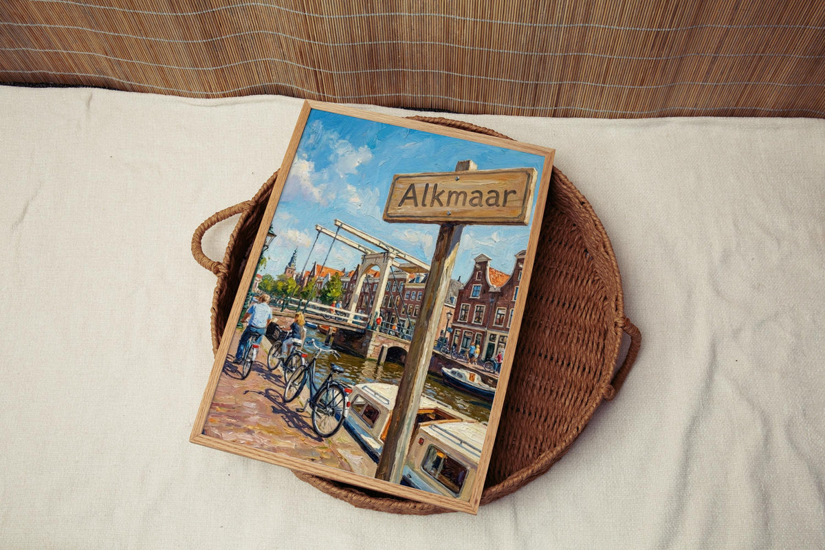 Alkmaar Oil Painting Art Print: Netherlands Canal Street Sign Travel Poster