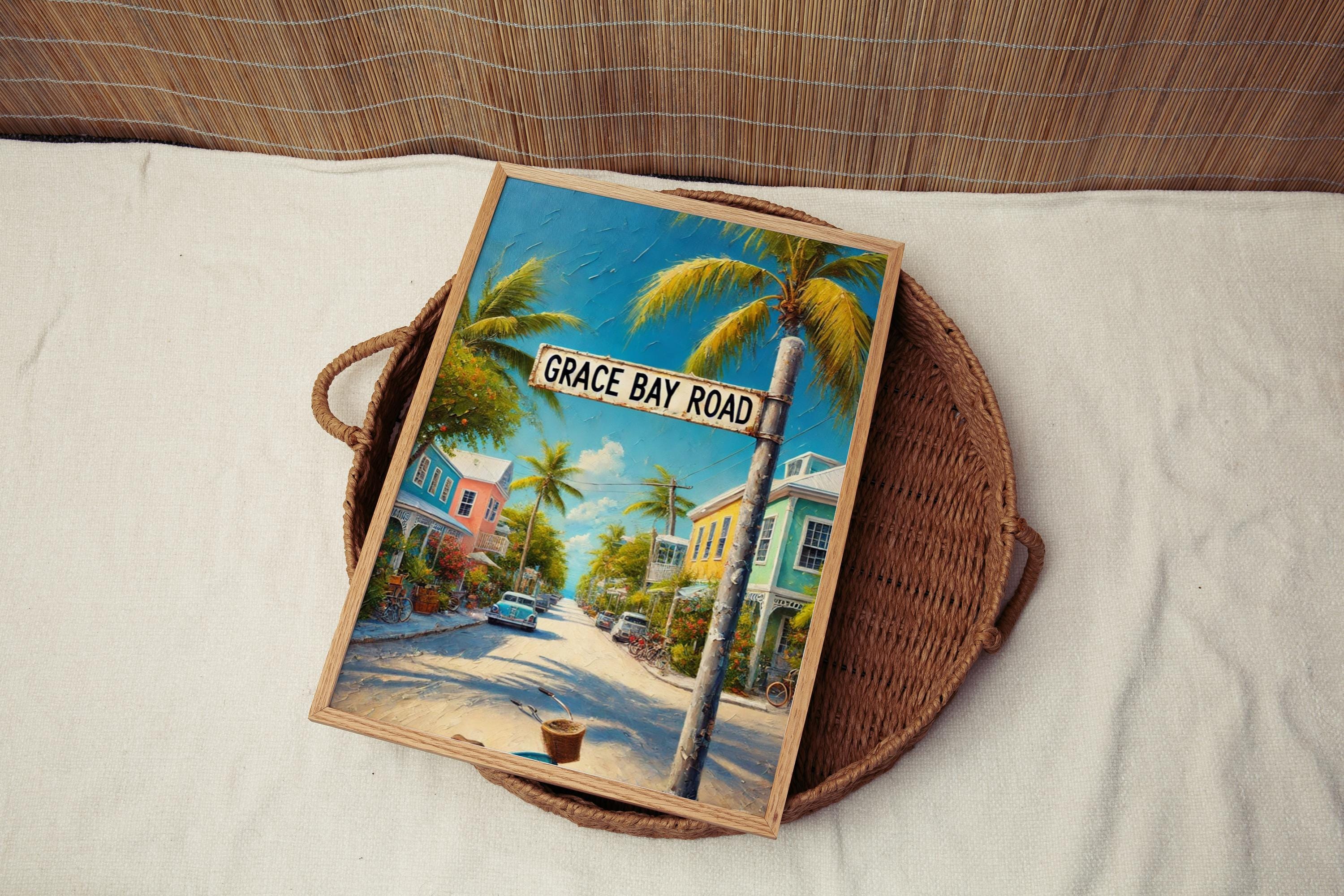 Grace Bay Road Oil Painting Art Print: Turks and Caicos Street Sign Travel Poster
