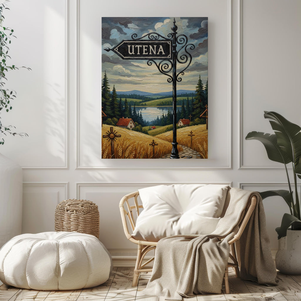 Utena Street Sign Art Print: Lithuania Lake District Travel Poster