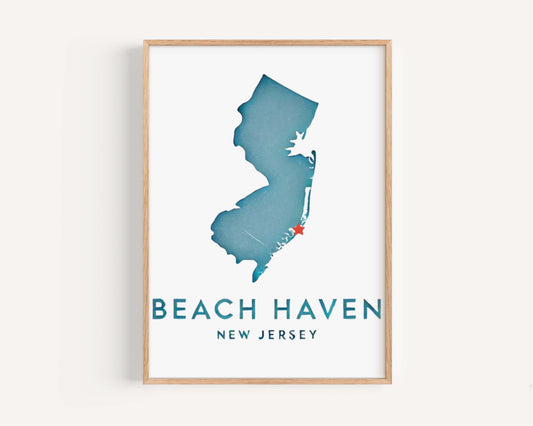 New Jersey Art Beach Haven Print – Coastal Wall Decor, Travel Gift, Jersey Shore Map, Housewarming & College Room Decor