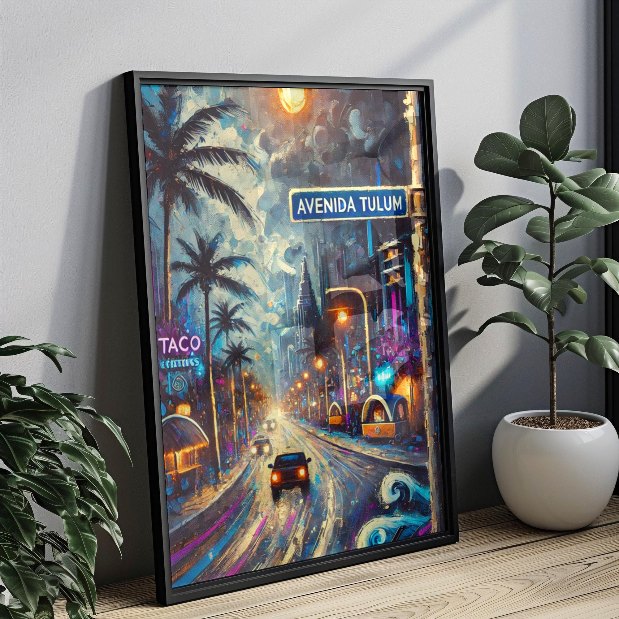 Avenida Tulum Oil Painting Art Print: Cancún Mexico Street Sign Travel Poster