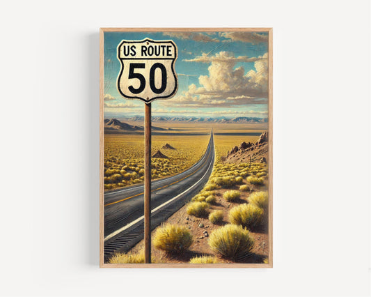 US Route 50 Wall Art Nevada Print Travel Poster American Road Map Decor Housewarming Gift