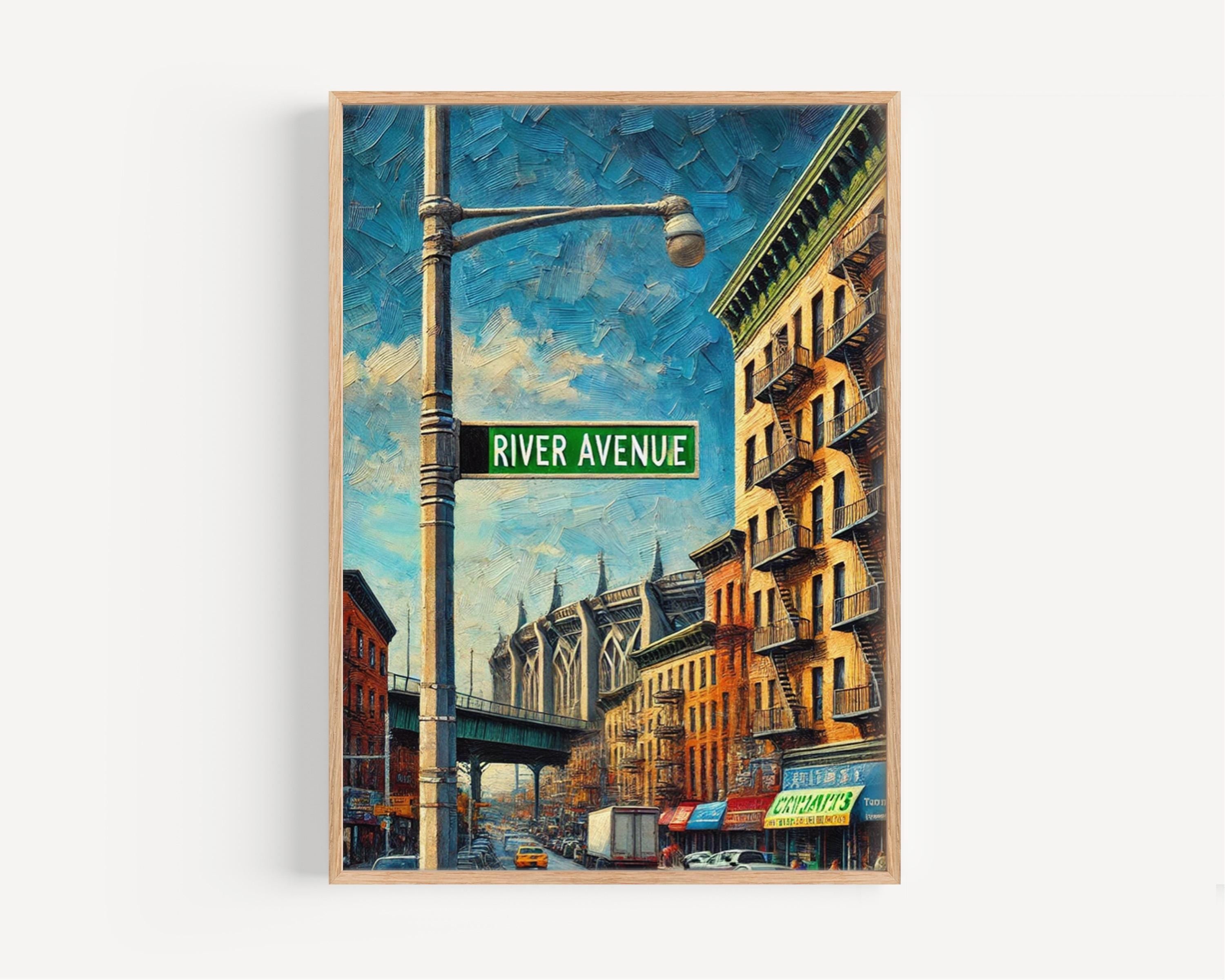 River Avenue Oil Painting Art Print: Bronx NYC Street Sign Travel Poster