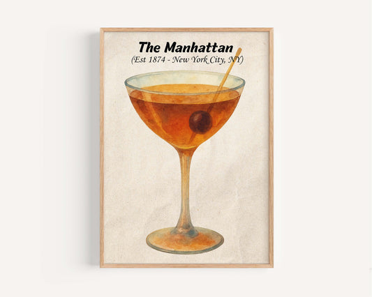 Manhattan Cocktail Artwork, Vintage Drink Illustration, Bar Decor, Retro Pub Print, Manhattan Drink Poster, Cocktail Art for Kitchen or Bar