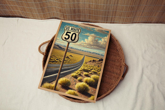 US Route 50 Wall Art Nevada Print Travel Poster American Road Map Decor Housewarming Gift