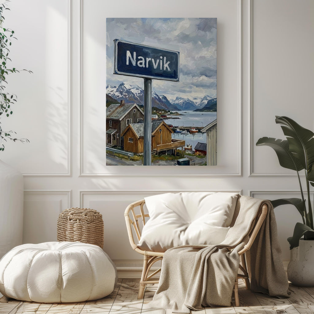 Narvik Oil Painting Art Print: Norway Arctic Fjord Street Sign Travel Poster