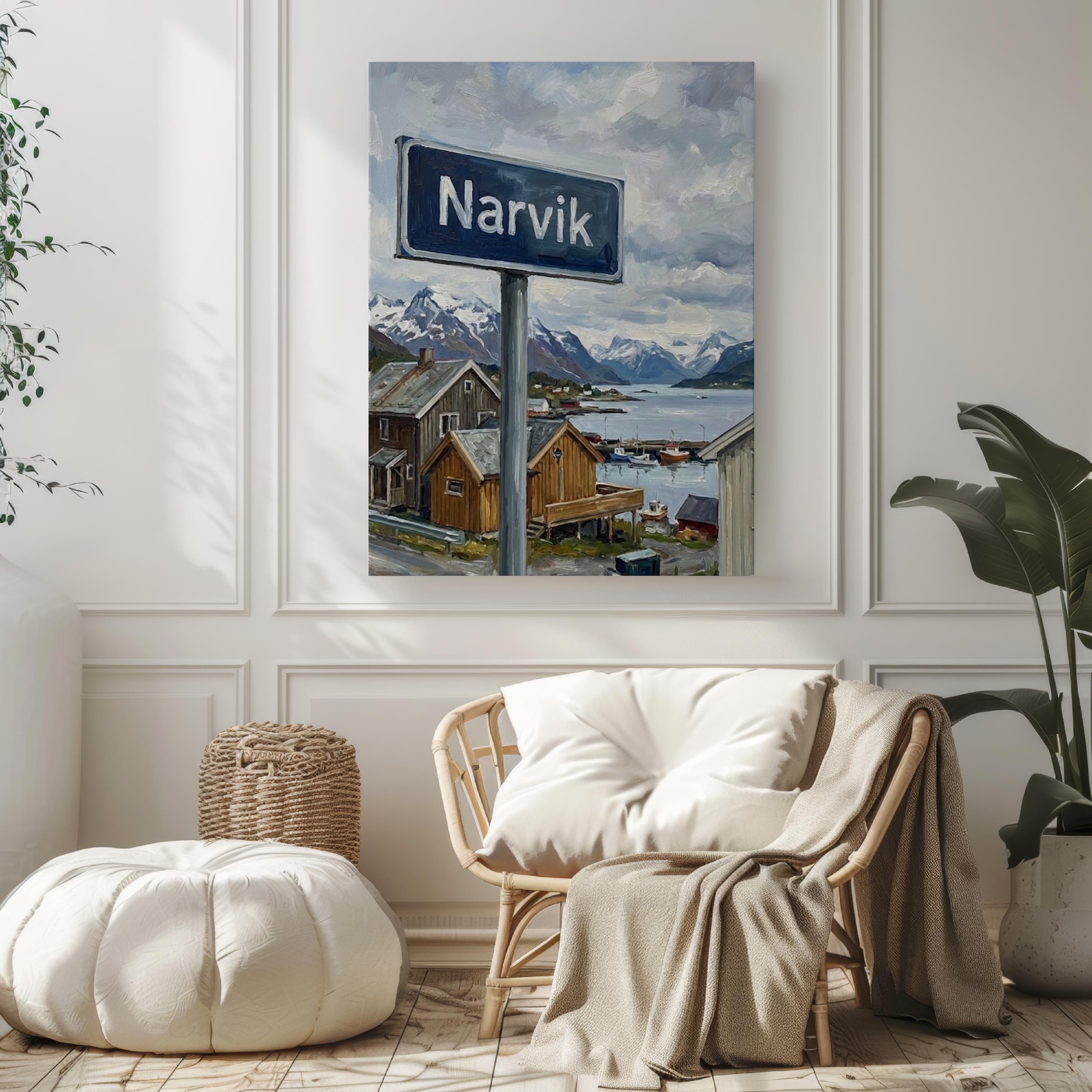 Narvik Oil Painting Art Print: Norway Arctic Fjord Street Sign Travel Poster