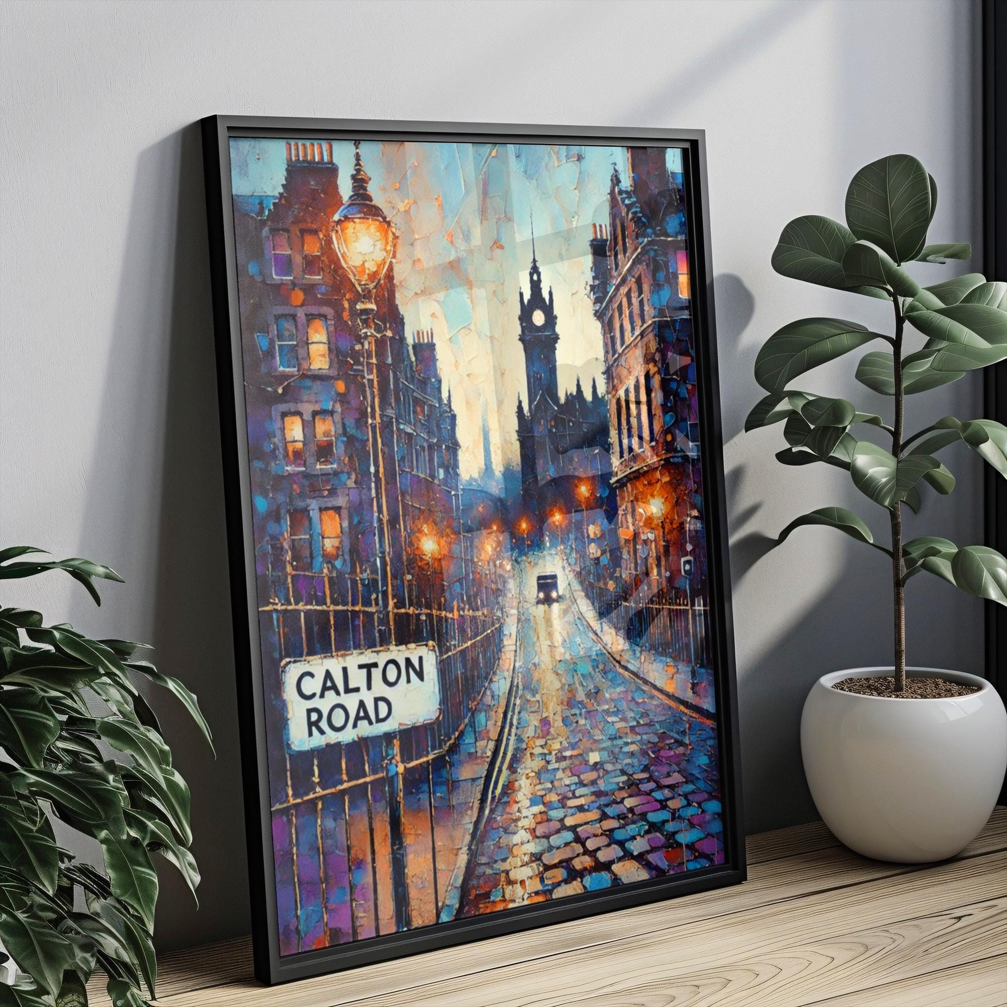 Calton Road Oil Painting Art Print: Edinburgh Scotland Street Sign Travel Poster