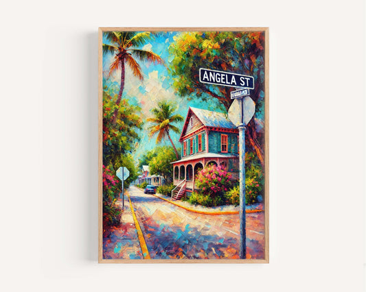 Angela Street Print – Key West Wall Art, Florida Travel Poster, Coastal Decor, Tropical Beach Scene,