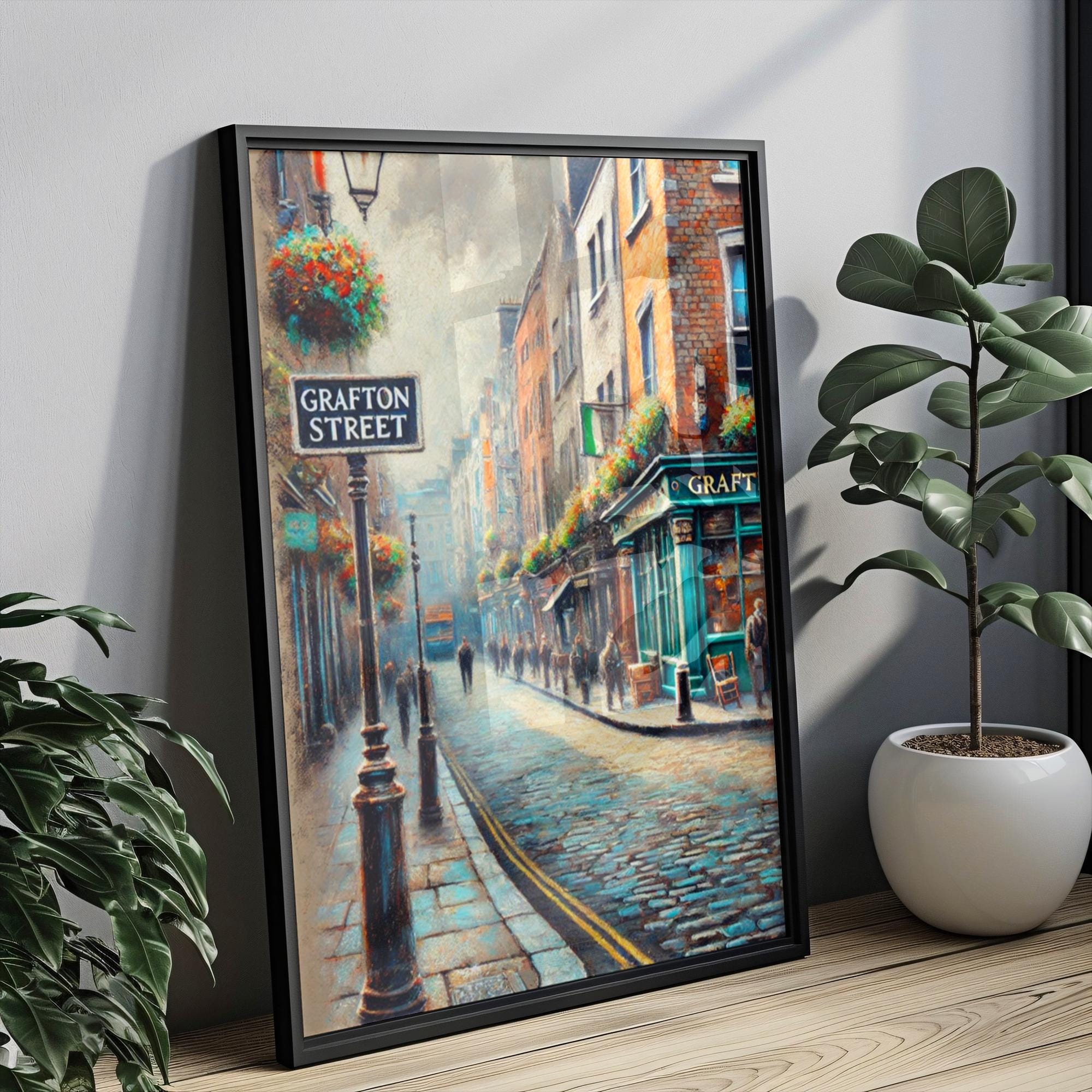 Grafton Street Oil Painting Art Print: Ireland Street Sign Travel Poster