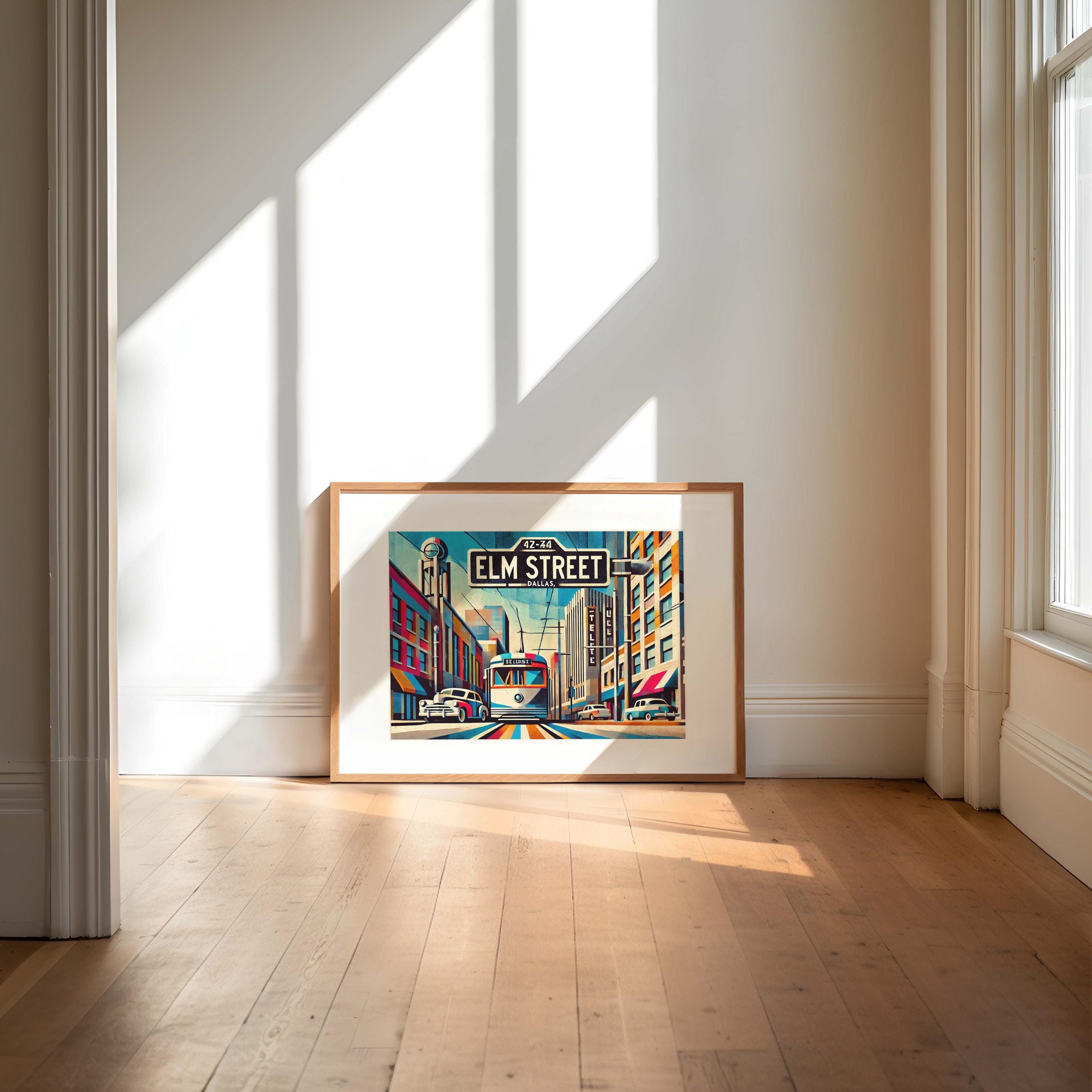 Elm Street Wall Art Cubism Print - Dallas Texas Travel Poster, Modern Housewarming Gift, Unique Dallas Cubism Art Decor