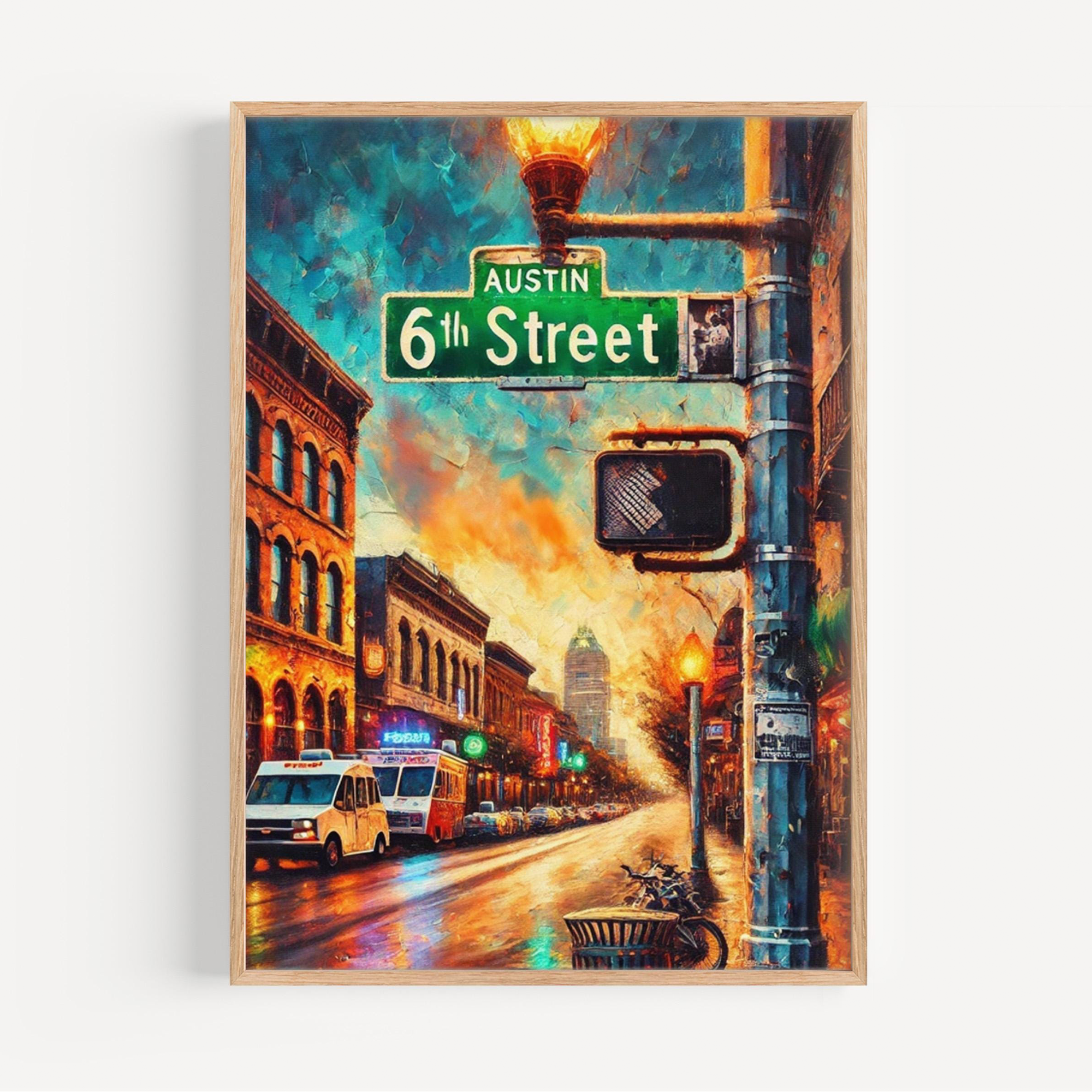 The 6th Street Wall Art Austin Print captures historic buildings, cars, a bike, and sunset reflections—an ideal Texas City Travel Poster and personalized gift or souvenir for fans of Austin decor.